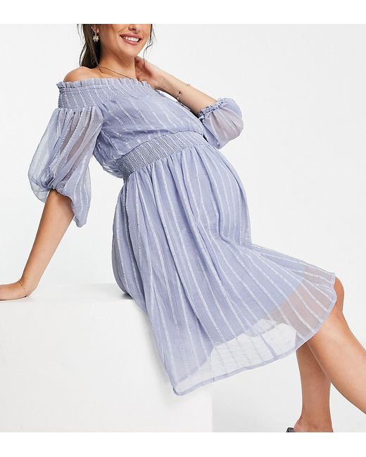 ASOS Maternity ASOS DESIGN Maternity Off shoulder mini dress with blouson sleeve in self stripe-