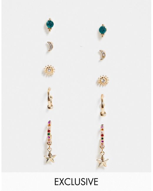 Reclaimed Vintage Inspired 5-pack moon and star stud hoop earrings in