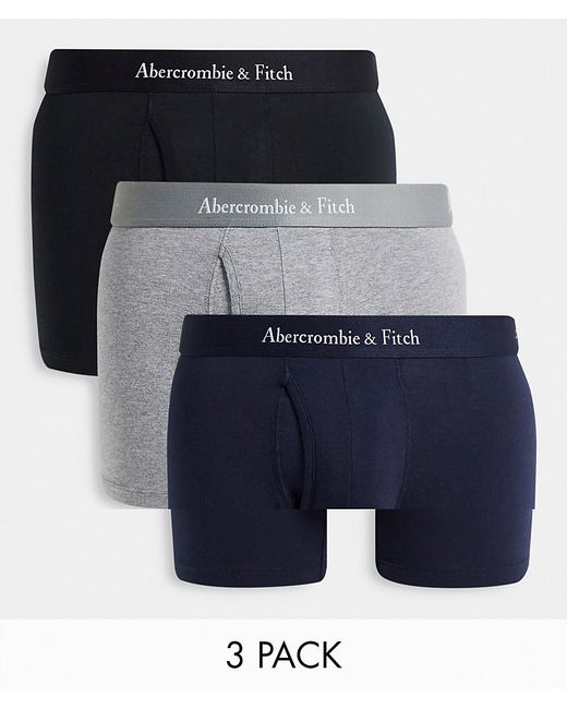 Abercrombie & Fitch 3 pack logo waistband trunks in navy/gray heather/black-
