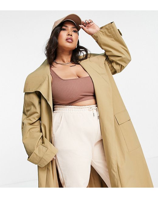 ASOS Curve ASOS DESIGN Curve collared luxe trench coat in stone-
