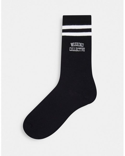 ASOS Weekend Collective calf length rib socks with logo and stripe detail in