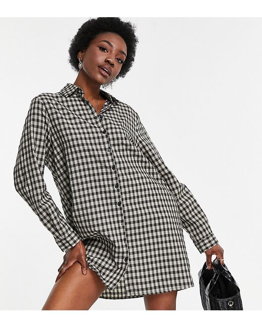 Urban Threads Tall oversized checked shirt dress in and white
