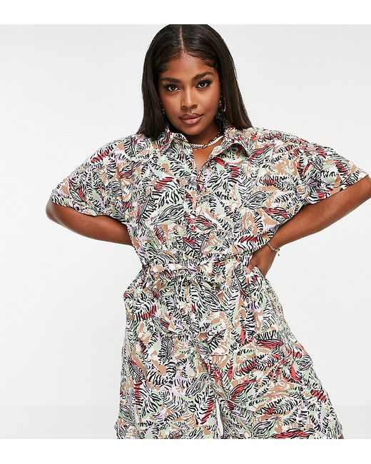 Noisy May Curve shirt romper in tropical print-