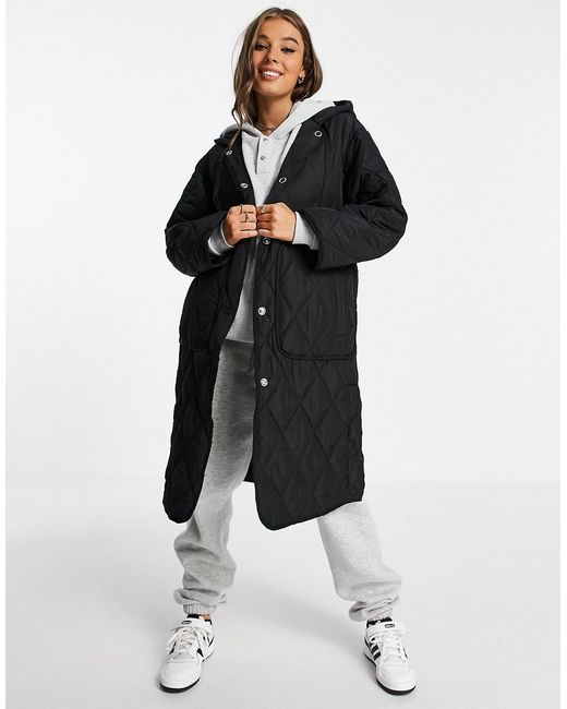 Pull & Bear longline quilted coat with hood and big pockets in