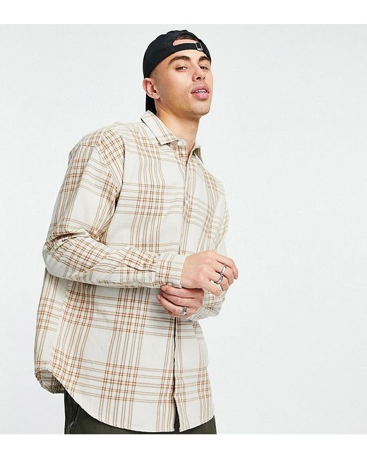 New Look long sleeve oversized check shirt in stone-