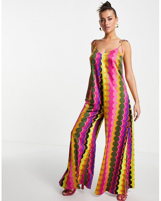 Never Fully Dressed wide leg jumpsuit in 70s wave print-