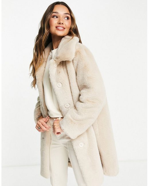 Whistles mid length faux fur coat in cream-