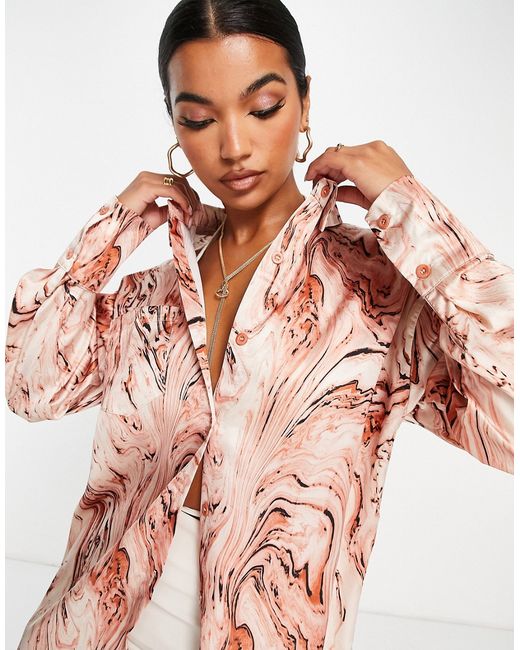 Public Desire oversized satin shirt in brown marble-