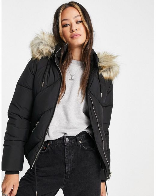 TopShop padded coat with faux fur hood in