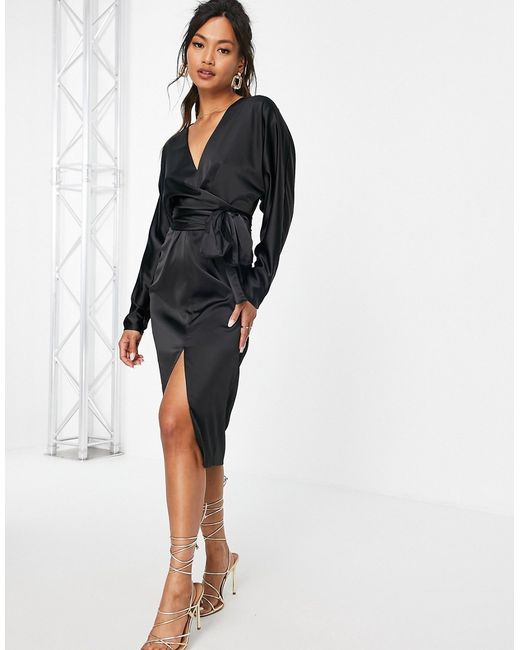 Asos Design satin midi dress with batwing sleeve and wrap waist in