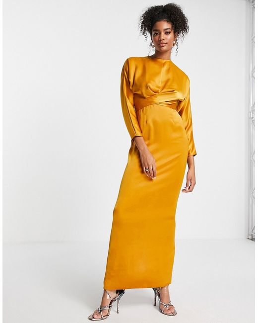 Asos Design maxi dress with batwing sleeve and wrap waist in satin-