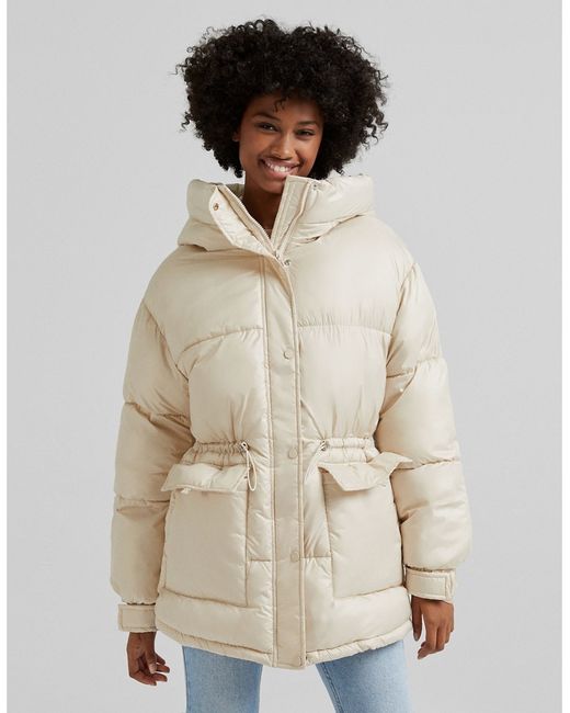 Bershka oversized nylon padded jacket with hood in