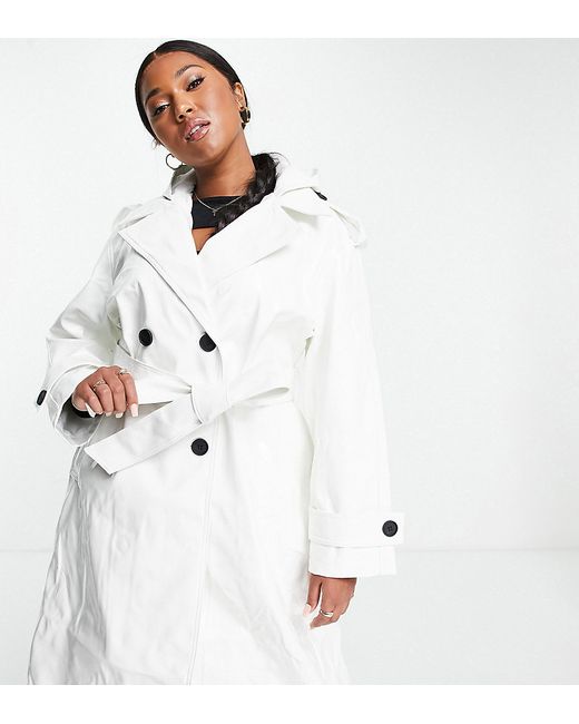 ASOS Curve ASOS DESIGN Curve glossy patent hooded trench coat in cream-
