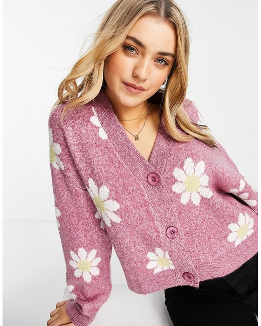 Pull & Bear button front cardigan in with daisy print
