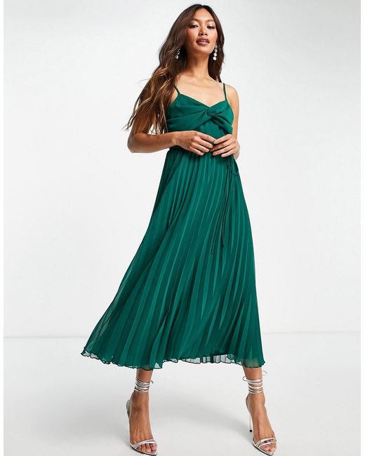 Asos Design twist front pleated cami midi dress with belt in forest