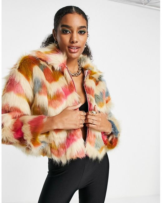 French Connection Dallow faux fur coat with collar in zigzag