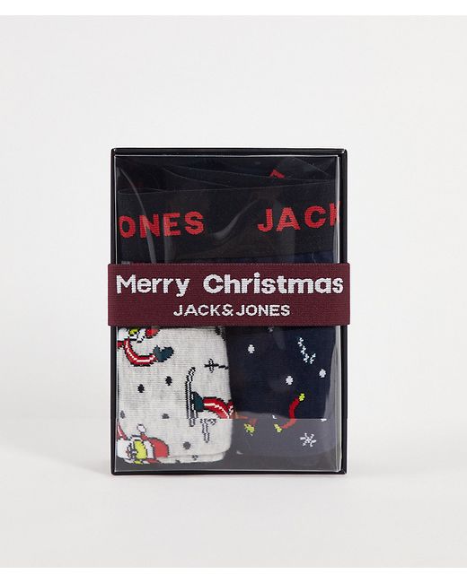 Jack & Jones 3-pack trunks and socks Christmas gift box in navy with skiing Santa print-