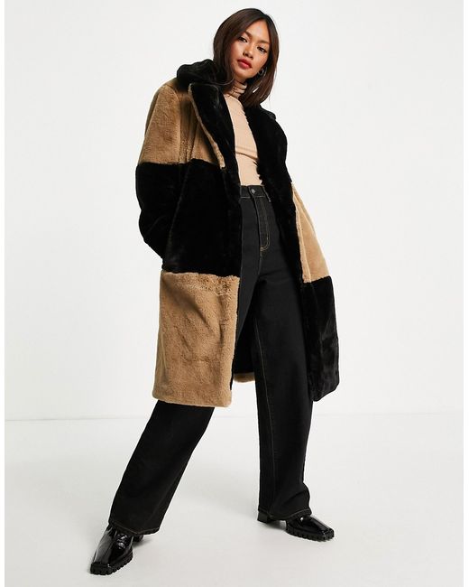French Connection Buona faux fur coat in black and brown color block-