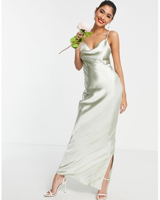 Asos Design Bridesmaid cami maxi slip dress in high shine satin with lace up back sage-