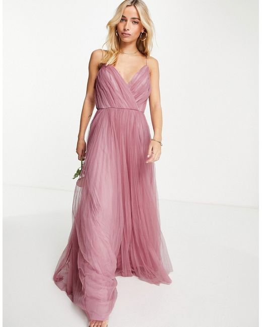 Asos Design Bridesmaid cami pleated tulle maxi dress in rose-