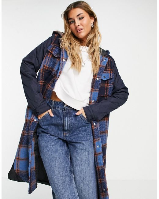 Noisy May contrast quilting longline coat in blue check-