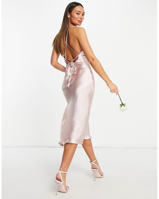 Asos Design Bridesmaid cami midi slip dress in high shine satin with lace-up back blush-