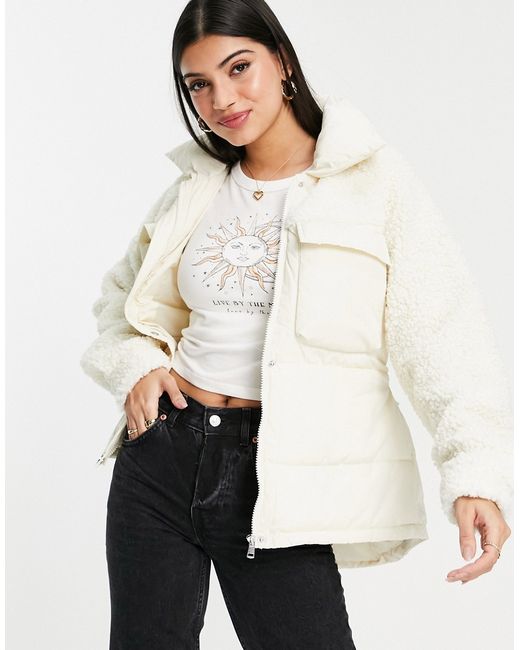 Pieces mixed padded and sherpa jacket with belted waist in cream-