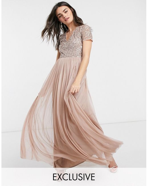 Maya Bridesmaid short sleeve maxi tulle dress with tonal delicate sequins in muted blush-