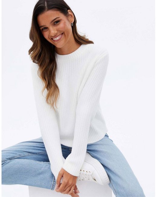 New Look fluffy knit ribbed sweater in off