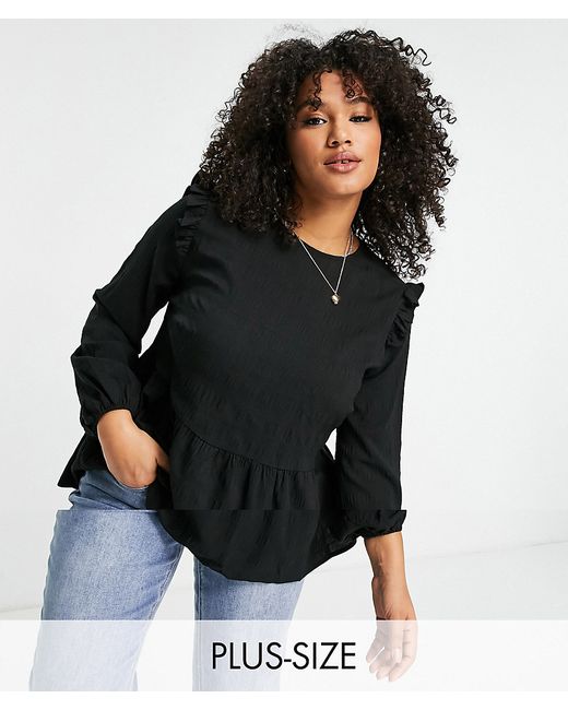 Simply Be shirred peplum top with ruffle shoulder in