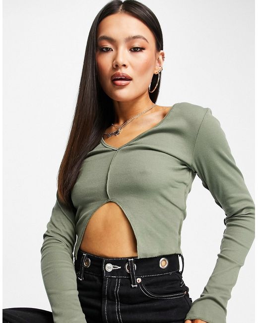 Asos Design fitted top with split front seam detail rib in khaki-