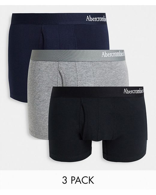 Abercrombie & Fitch 3 pack logo waistband trunks in navy/gray/black-