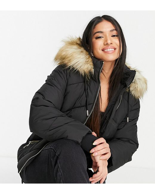 TopShop Petite padded jacket with faux fur hood in