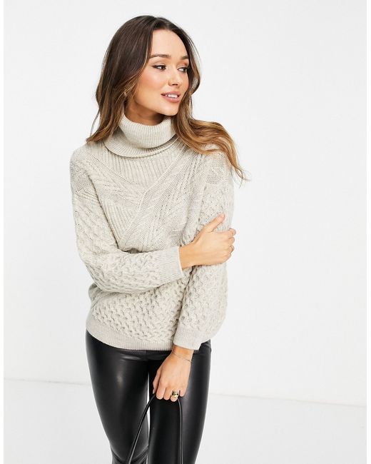 TopShop knitted cable cut about roll neck sweater in stone-