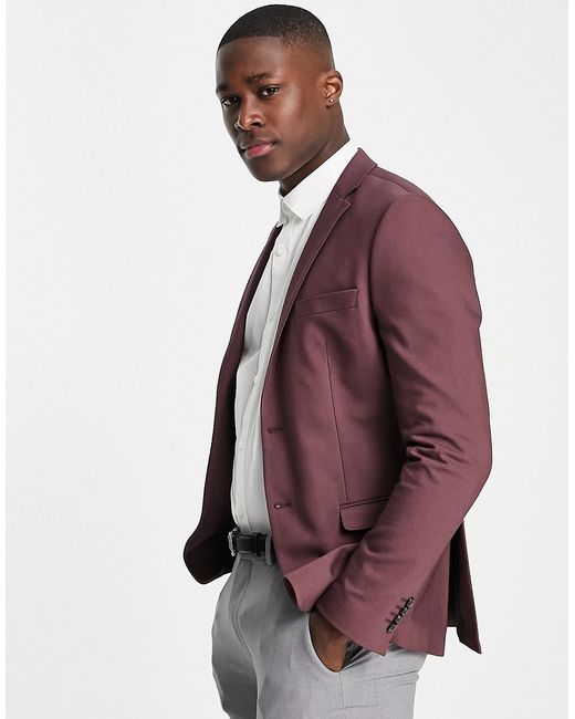 Jack & Jones Premium slim fit sateen suit jacket in burgundy-