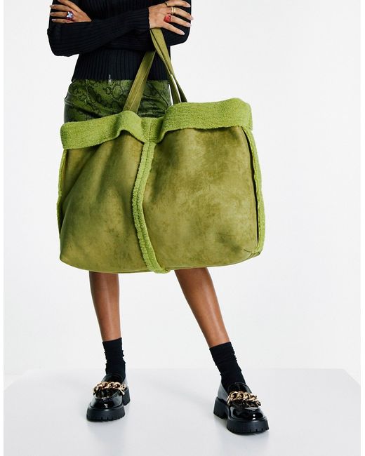 TopShop large teddy trim tote bag in olive-