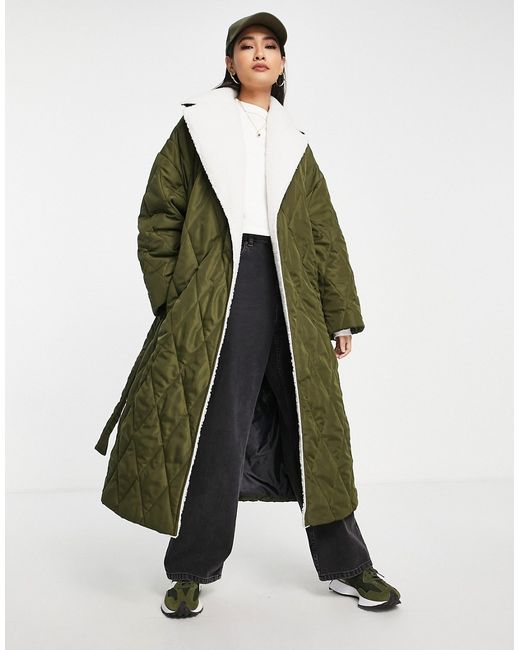 TopShop quilted sherpa trim trench coat in khaki-