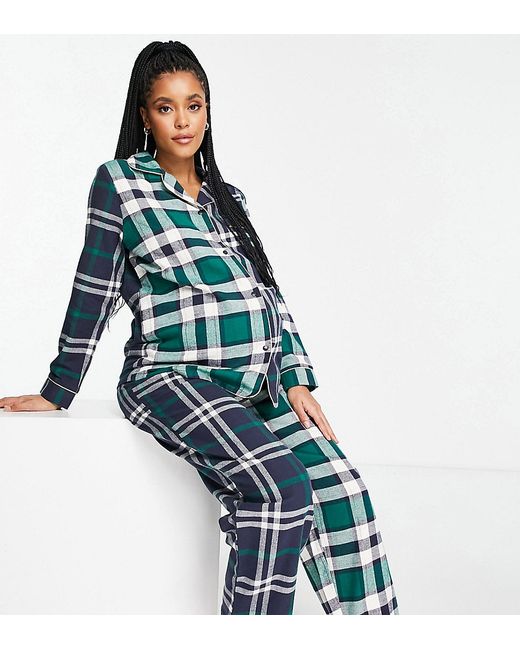 Chelsea Peers Maternity organic cotton revere top and pant pajama set in contrast check print-