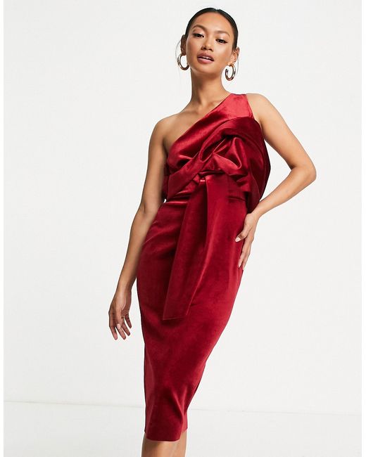Asos Design velvet peekaboo shoulder tuck midi pencil dress in berry-