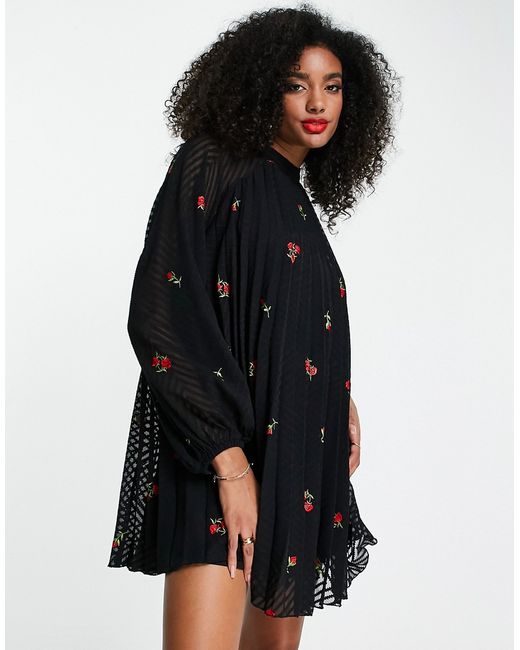 Asos Design pleated trapeze mini dress with all over embroidery in