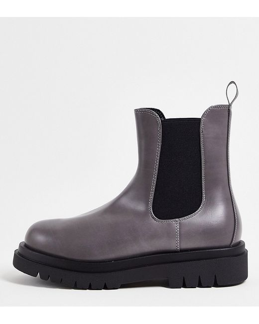 Truffle Collection wide fit chunky minimal chelsea boots in gray faux leather-