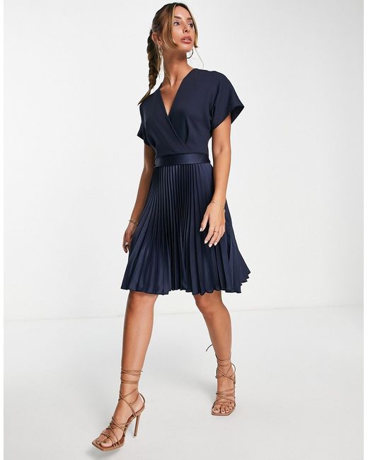 Closet London wrap front pleated midi skater dress in