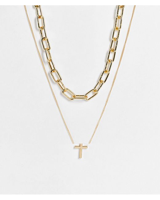 Bershka 2 pack chain cross necklace in gold-