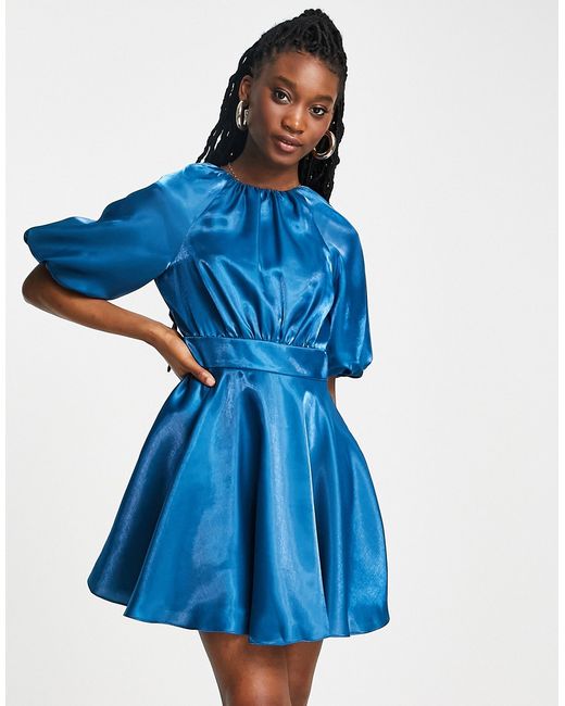 Ever New satin ruffle hem dress with bow back in blue-