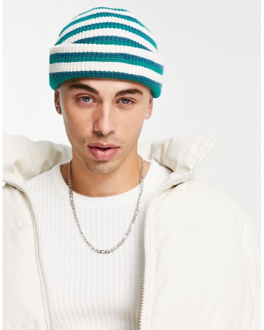 Topman stripe beanie in recycled polyester blend teal and