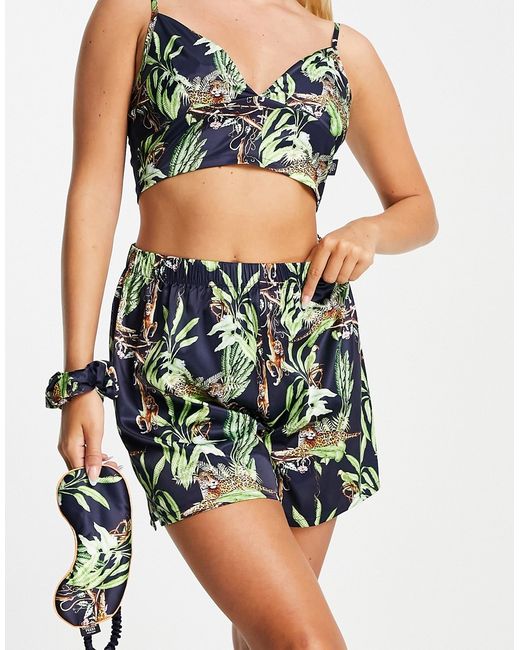 Chelsea Peers premium satin cami and short set with eyemask scrunchie in navy jungle print-