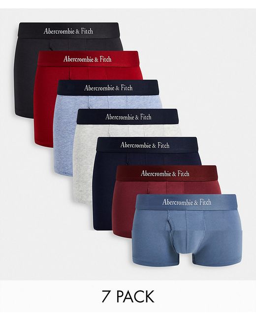 Abercrombie & Fitch 7 pack logo waistband plain trunks in burgundy/gray/white/navy/blue and black-