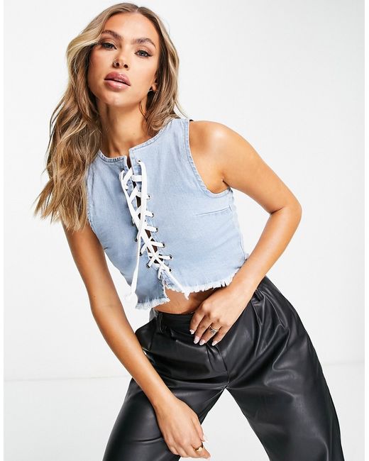 Rebellious Fashion lace up denim crop top in