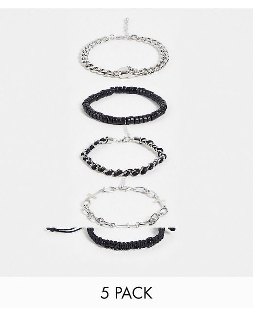 Bershka 5-pack bracelets in silver and black-