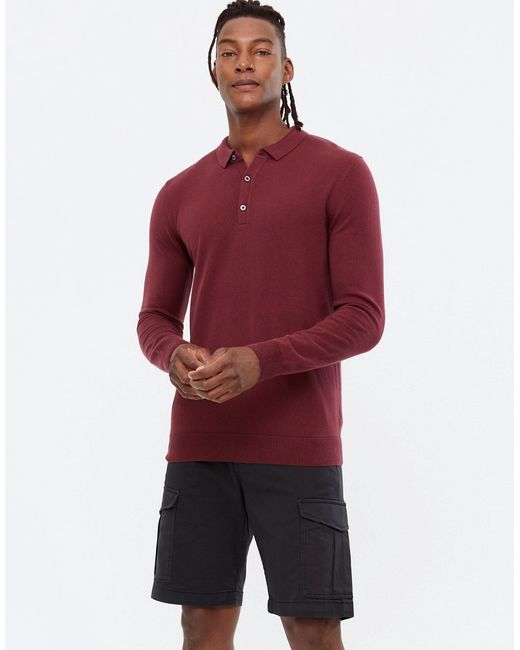 New Look knitted slim polo in burgundy-